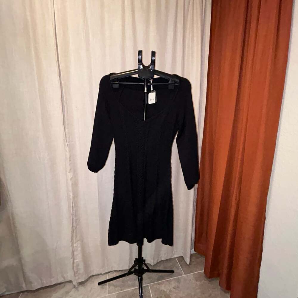Free People Small World Mini Sweater Dress Size XL Black Open Back